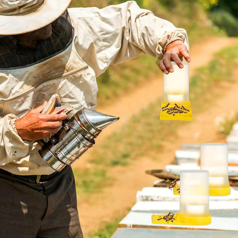 Beekeeper using 8 Pack Bee Water Feeders For Beehives, Beekeeping Watering Station For Outdoor Gardens, Easy Drinking Dispensers Keeps Hives Hydrated