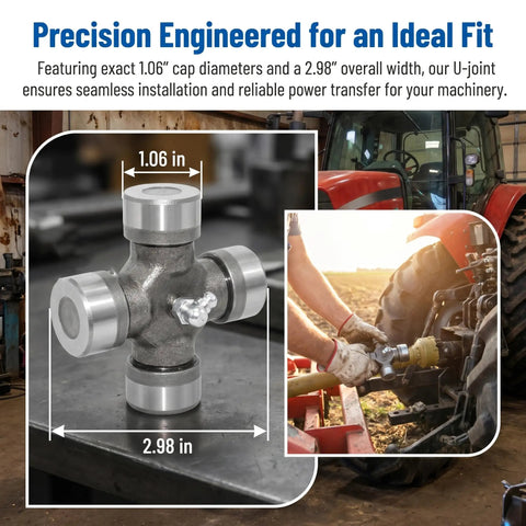 Beefy Universal Joint Kit For Tractor Driveshaft With Needle Bearing 441M Heavy Duty Alloy Steel on workbench and in tractor use.