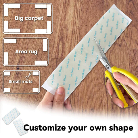 No Slip Rug Grippers Kit With 16 Large Double Sided Carpet Tape Strips being cut to size for big carpet and small mats use