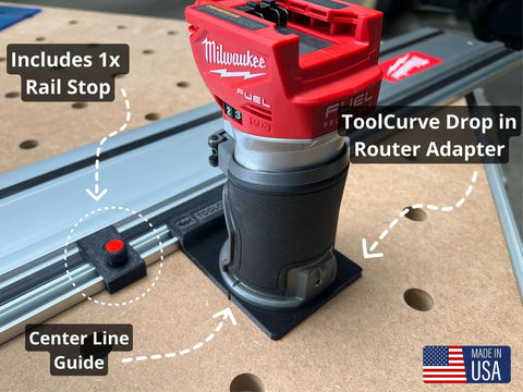 Solid As A Rock Guide Rail Adapter Plugs Right Into Milwaukee Router For Smooth Track Saw Setup with center line guide on table.