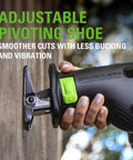 Close-up of Beast 24V Cordless Reciprocating Saw With Brushless Motor in use, featuring adjustable pivoting shoe