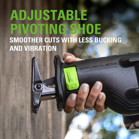 Close-up of Beast 24V Cordless Reciprocating Saw With Brushless Motor in use, featuring adjustable pivoting shoe