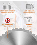 Diagram of Rage Four Workhorse Seven And A Quarter Inch TCT Multipurpose Chop Saw blade features with labels and graphics.