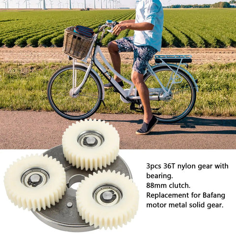 Motor Gear Clutch Kit For Electric Bicycles With 36T Nylon Planetary Gears And 88mm Clutch Replacement shown near cyclist