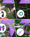 11 Piece Garden Tool Kit with aluminum sprayer, rope, claw gloves, and pruning snips shown in use for gardening tasks.