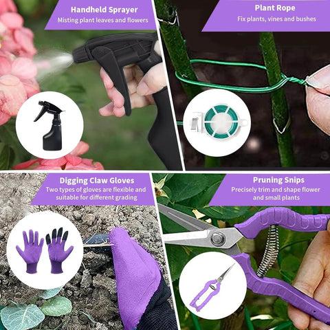 11 Piece Garden Tool Kit with aluminum sprayer, rope, claw gloves, and pruning snips shown in use for gardening tasks.