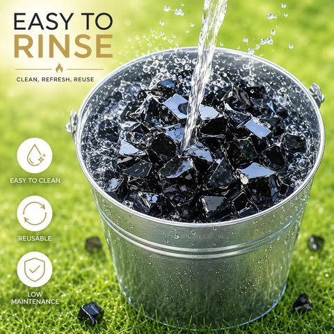 Onyx Black Fire Glass Rocks Half Inch High Luster Reflective Tempered Glass for fire pits and fireplaces in a metal bucket outdoors