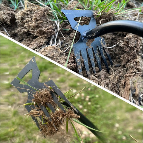 Two Pack Weed Puller Tool With Six Teeth Manganese Steel Garden Hand Weeder Durable Root Uprooting Tool For Lawn And Garden Easy Dig And Pull No Sweat Includes Rubber Gloves, black six-tooth head removing grass roots from soil