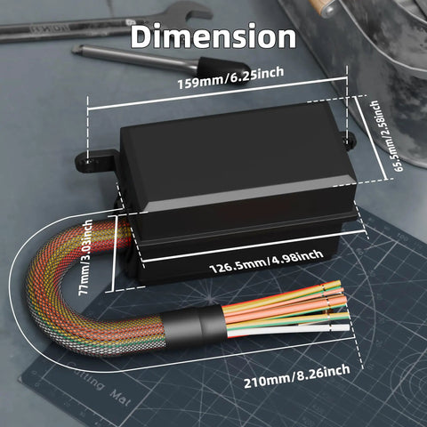 Dimensions of Waterproof 12V Fuse And Relay Box With 12 ATC ATO Fuses And Four Relay Slots Prewired Harness shown on table