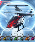 Kid Friendly RC Helicopter With 30 Minute Flight Time And LED Light Effects, displayed in futuristic display, multiple LED colors