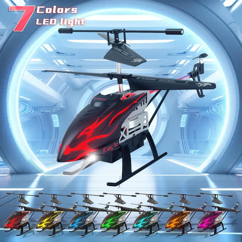 Kid Friendly RC Helicopter With 30 Minute Flight Time And LED Light Effects, displayed in futuristic display, multiple LED colors