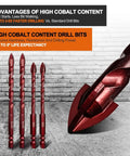 Front view of five red cobalt masonry drill bits arranged in a row beside a large red drill bit