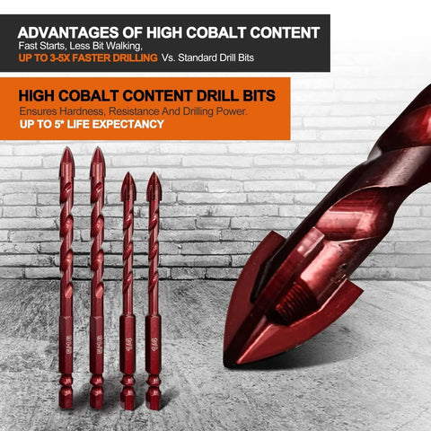 Front view of five red cobalt masonry drill bits arranged in a row beside a large red drill bit