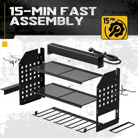Power Tool Organizer With Built In Charging Station Six Outlets And Three Layer Wall Mounted Drill Storage Rack, black, 15-min assembly