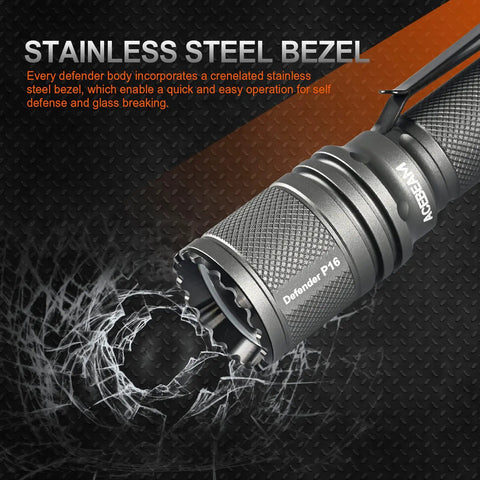 Close-up of Defender P16 Tactical Flashlight with crenelated stainless steel bezel on a textured background.