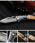 Damascus Steel Folding Knife With Resin Fusion Maple Wood Handle 8 Inch EDC Pocket Knife Leather Sheath And Pocket Clip