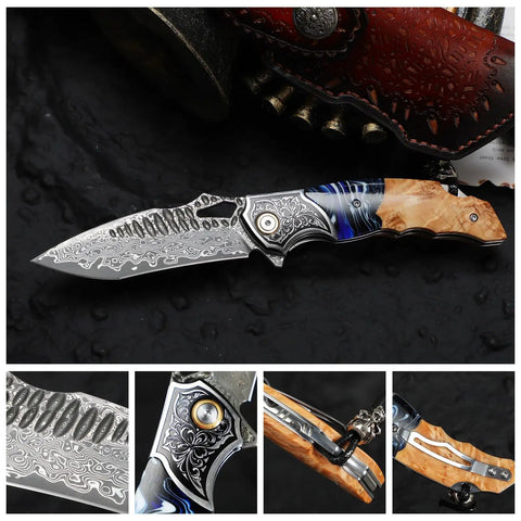 Damascus Steel Folding Knife With Resin Fusion Maple Wood Handle 8 Inch EDC Pocket Knife Leather Sheath And Pocket Clip