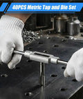 Eujgoov Metric Tap And Die Set With 17 Pieces For Metal Wood Threading Tools Wrench Screwdriver Pitch Gauge Repair Kit for Iron Aluminum Copper Common Materials, tap handle in use