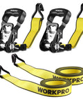 Heavy Duty Ratchet Tie Down Straps 1.5 Inch By 16 Foot 3300 Lb Break Strength 2 Pack For Hauling Appliances Motorcycles ATVs Trucks In Yellow With Reinforced Stitching And Premium Polyester Webbing