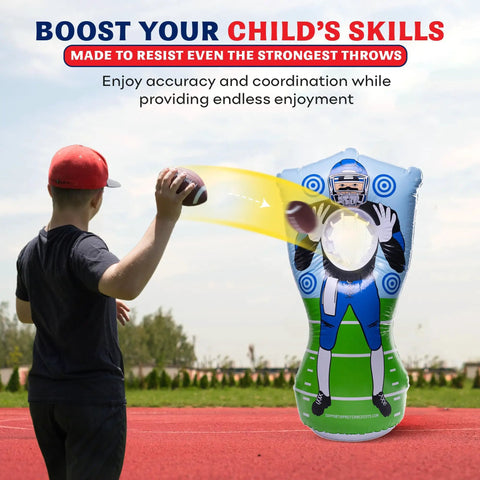 Kid playing with 65 Inch Inflatable Football Target Net Toss Game With Double Sided Practice Target And Mini Balls in a park