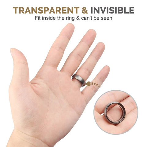 Invisible Ring Size Adjusters Pack, 48 Pcs Soft TPU Fits Loose Wide Rings, 6 Sizes From 3mm To 8mm shown installed on hand