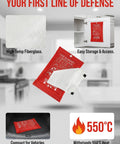 Heavy Duty Fiberglass Emergency Fire Blanket To Smother Kitchen Grease Fires Grill Patio Campfire Car Garage Safety Game Changer Residue Free Easy Throw Coverage Real Life Saver, showcasing high-temp fiberglass, easy storage pouch, and heat resistance.