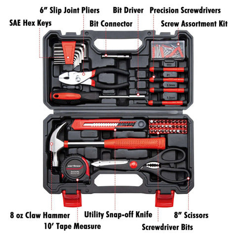 Must Have Essential Home Tool Set Kit With Storage Case For Quick DIY Fixes, Basic Household Hand Tools Including Hammer Pliers Screwdrivers Tape Measure And More, Durable Chrome Plated And Rust Resistant