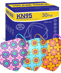 Box of Kids KN95 Face Masks 30 Pack with 5 Layers Disposable Protective Covers Small Size for Kiddos Boys and Girls Elastic Earloops Plaid Flower Design Ideal For School Indoor Outdoor Use.