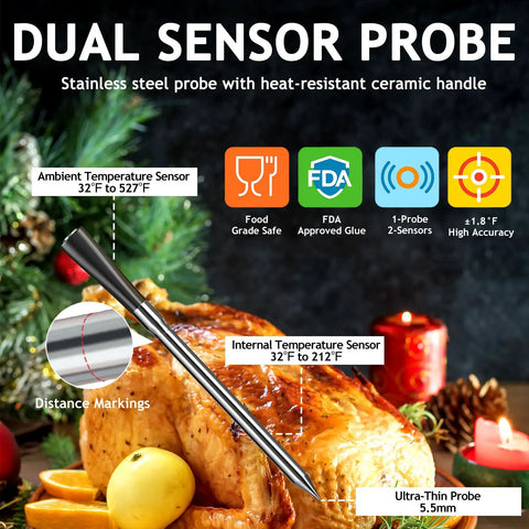 Wireless Meat Thermometer With 800 Ft Range And Dual Probes Bluetooth 5.3 Smart Food Thermometer for grilling.
