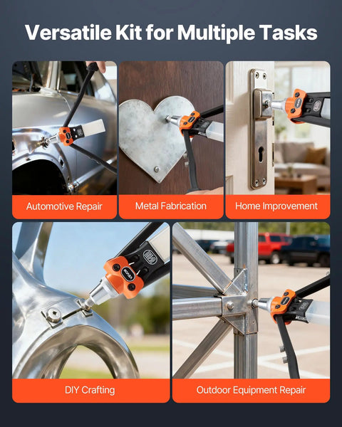 Two-Handed Pop Rivet Gun Kit With 230 Blind Rivets, showing usage in automotive, metal fabrication, and home projects.
