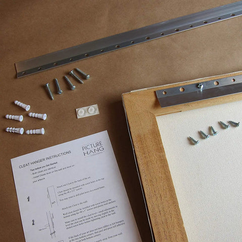 Heavy Duty Z Clip French Cleat System 18 Inch 10 Pairs Beefy Wall Mount Kit with screws and instructions on a wooden board