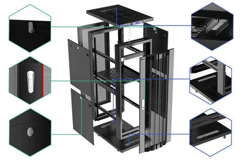 Top Tier Pro Rig 42U Server Rack Cabinet With Rolling Casters secure locking doors and built-in LCD screen, detailed view of interior features.