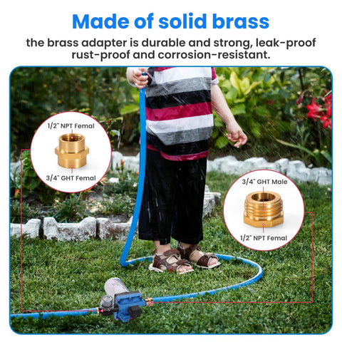 Child holding garden hose connected to Self Priming Water Pump 110V, Five Gallons Per Minute At Fifty Five PSI with brass adapters.