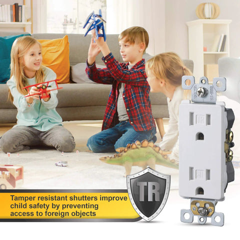 20 Amp Tamper Resistant Outlet 125V Decorator Duplex Receptacle 10 Pack White Commercial Grade UL Listed, safe for homes.