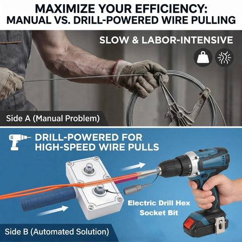 Comparison of manual and drill-powered methods for wire pulling with the Heavy Duty Handheld Drill Powered Wire Puller.