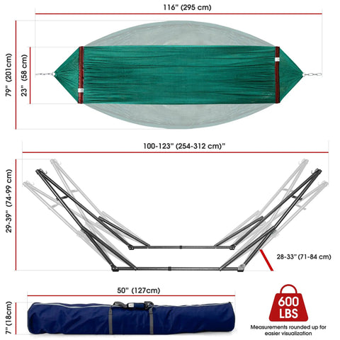 Foldable Hammock Stand For Camping And Home Use, showcasing dimensions, steel frame, and carrying bag, 600 lbs capacity