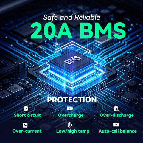20A BMS for 12V LiFePO4 Battery With 20A BMS For Ride On Toys And Toy Cars, highlighting safety protections