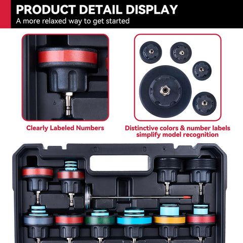 KOOPOOL 30-piece radiator pressure tester kit, front view in a hard case with color-coded caps