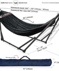 Universal Hammock Stand 600 Lb Capacity, 30 Second Foldable Setup, No Tools Or Screws Needed, Portable Camping Hammock Stand With 3 Year Warranty, Heavy Duty Steel Frame For Indoor Outdoor Use, Black displayed with measurements and carrying bag.