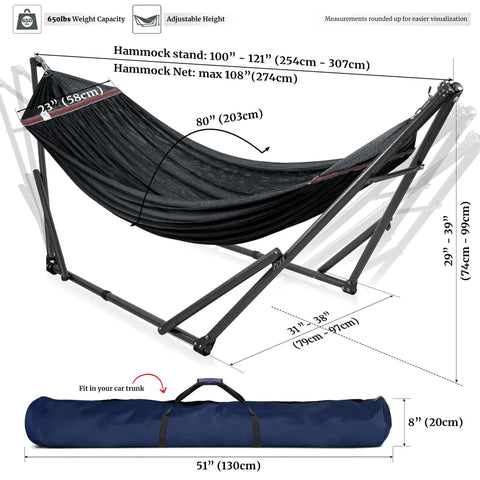 Universal Hammock Stand 600 Lb Capacity, 30 Second Foldable Setup, No Tools Or Screws Needed, Portable Camping Hammock Stand With 3 Year Warranty, Heavy Duty Steel Frame For Indoor Outdoor Use, Black displayed with measurements and carrying bag.