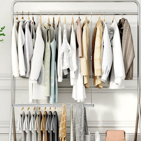 Expandable Dual Closet Rod, Space Saving Wardrobe Extender, Absolute Game Changer Clothes Hanger Bar, Slick Chrome Hanging Organizer 2 Pack For Cramped Closets And Mini Bedrooms