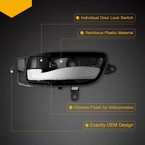 Interior Door Handle Front And Rear Left Driver Side For Nissan Altima Pathfinder Murano 2013 To 2017 Titan 2015 To 2017 Titan XD 2016 To 2017 Replacement OEM Fit That Slaps, showcasing individual lock switch and chrome finish.