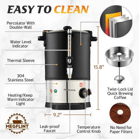 50-Cup Commercial Coffee Urn With Double Insulated Stainless Steel, Percolator System, And Temperature Control, An Office Workhorse For Meetings, Events, And Big Gatherings, showing features such as twist-lock lid and temperature control knob.