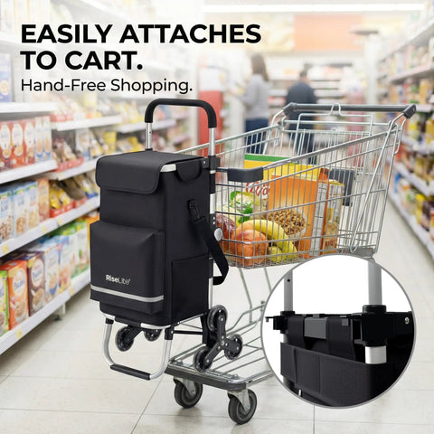 Grocery Cart That Climbs Stairs Foldable With 55L Cooler Pocket And 110 Lb Capacity attached to a shopping cart in a store aisle