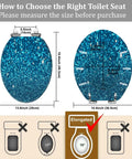 Elongated Toilet Seat Blue Glitter Resin for Bathroom showing size measurements and fitting guide, designed for optimal compatibility.