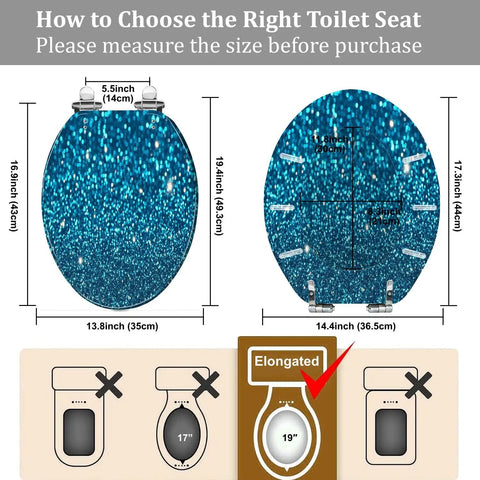 Elongated Toilet Seat Blue Glitter Resin for Bathroom showing size measurements and fitting guide, designed for optimal compatibility.