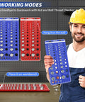 Front view of nut and bolt thread checker kit with blue wall-mount gauge boards for standard and metric bolts