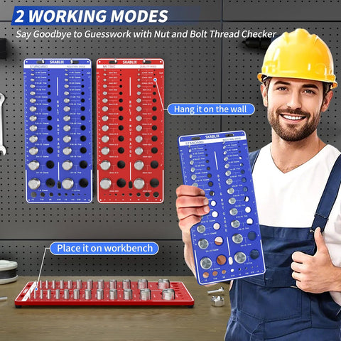 Front view of nut and bolt thread checker kit with blue wall-mount gauge boards for standard and metric bolts