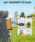 WiFi Water Timer For Garden Hose with Smart App and Voice Control, Brass Inlet and Outlet on outdoor faucet next to lawn.