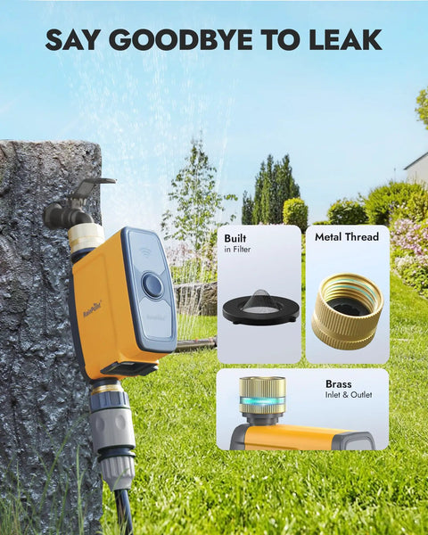 WiFi Water Timer For Garden Hose with Smart App and Voice Control, Brass Inlet and Outlet on outdoor faucet next to lawn.